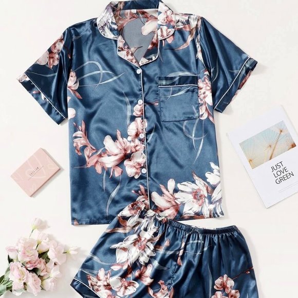 Other - Plus Size Sleepwear Floral Print Dusty Blue Silk Satin PJ Set with Front Pocket